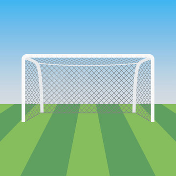Soccer goal and grass in the football stadium. Sports background for poster. Vector illustration.