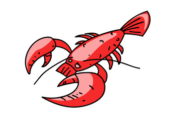 Lobster cartoon hand drawn image. Original colorful artwork, comic childish style drawing.