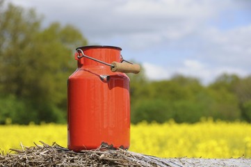 Red milk churn standing on a bale of straw, a field of rape at the back