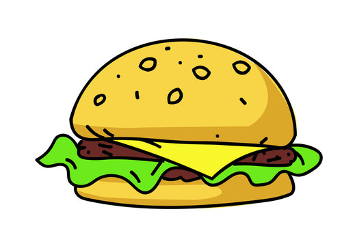 Burger cartoon hand drawn image. Original colorful artwork, comic childish style drawing.