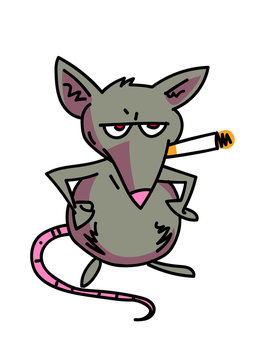 Rat smoking cigarette cartoon, hand drawn image. Original colorful artwork, comic childish style drawing.