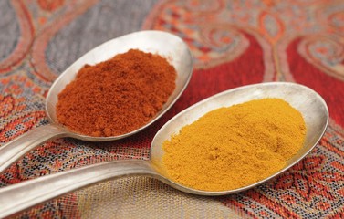 Spices on old spoons, paprika and curry powder