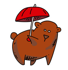 Bear with umbrella cartoon hand drawn image. Original colorful artwork, comic childish style drawing.