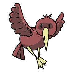 Bird cartoon hand drawn image. Original colorful artwork, comic childish style drawing.