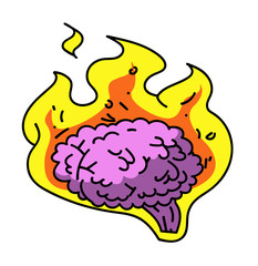 Brain on fire cartoon hand drawn image. Original colorful artwork, comic childish style drawing.