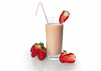 Strawberry drinking yoghurt, strawberries and strawberry shake in a glass