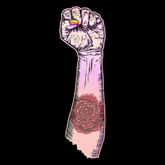 Woman's hand fist raised up freedom sign with rose flash tattoo on black. Wrist in pink color girl power symbol with flower. Realistic style drawing feminism concept. Emo gothic body art. Vector.