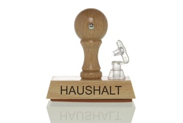 Stamp with the word "Haushalt", budget with an open valve, symbolic image for a budget running out of air