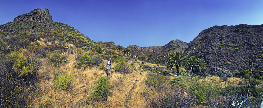 Fertile valley of Imada with palm trees and hikers, La Gomera, Canary Islands, Spain, Europe