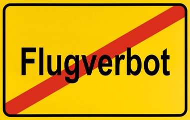 City limits sign with the word Flugverbot, German for flight ban, symbolic image for the end of a flight ban