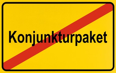 Obraz premium End of town sign with the name Konjunkturpaket, symbolic image for the end of the economic stimulation package