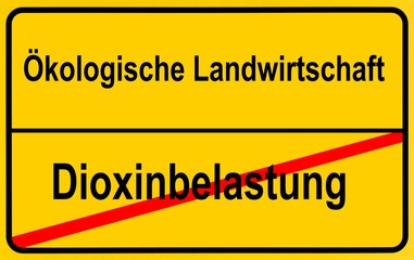 City limits sign, "Oekologische Landwirtschaft", German for "organic farming" and "Dioxinbelastung", German for "dioxin contamination", symbolic image for contaminated food, dioxin, animal feed scandal, alternative organic farming