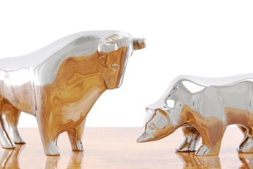 Bull and bear figurines, symbolic image for the stock exchange
