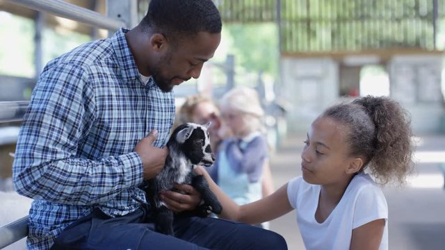  Families visiting community farm, man with daughter petting cute little goat