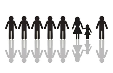 Row of male pictogram figures, with a single female figure with a child, symbolic image for discrimination in employment because of children