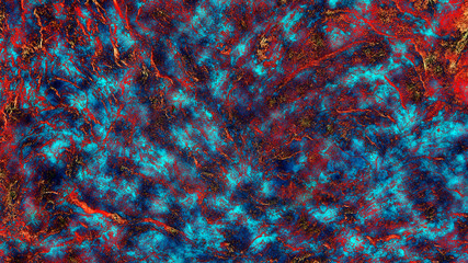 Illustration with fiery turbulent red lava on cool blue background.