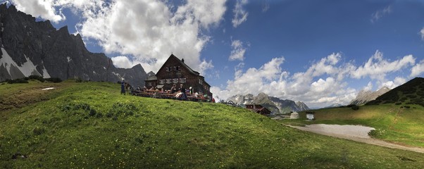 Falkenhuette hut in front of the Lalidererwaende Cliffs, Karwendel, Tyrol, Austria, Europe
