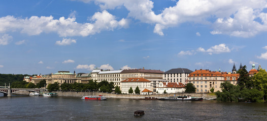 Fototapeta na wymiar View across Vltava River on the historic town, behind the Rudolfinum and the Academy of Art, Prague, Czech Republic, Europe