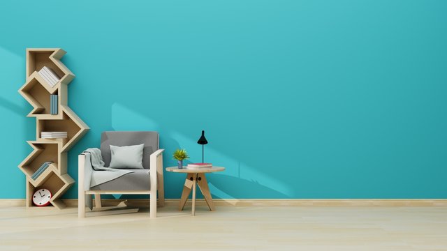 Bookshelf on the wall with armchair and table,3D rendering