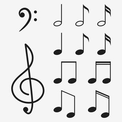 Fototapeta premium Music notes icon set and musical key. Treble clef sign. Vector illustration.