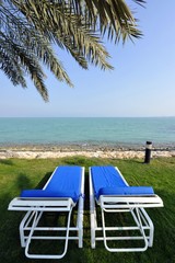 Sun loungers overlooking the Persian Gulf, Doha, Qatar, Persian Gulf, Middle East, Asia