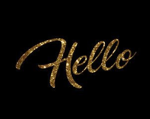 Golden glitter of isolated hand writing word HELLO