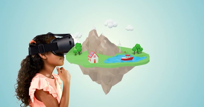 Girl using virtual reality headset with digitally generated icons 