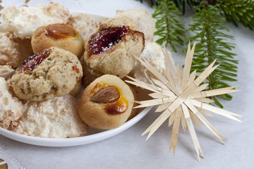 Plate of Christmas cookies, macaroons, Bethmaennchen, little Bethmann pastries, nut biscuits