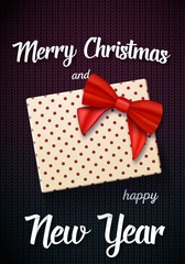 Illustration of Vector Marry Christmass Gift Card. Realistic Gift Box with Red Ribbon on top and Paper Lettering