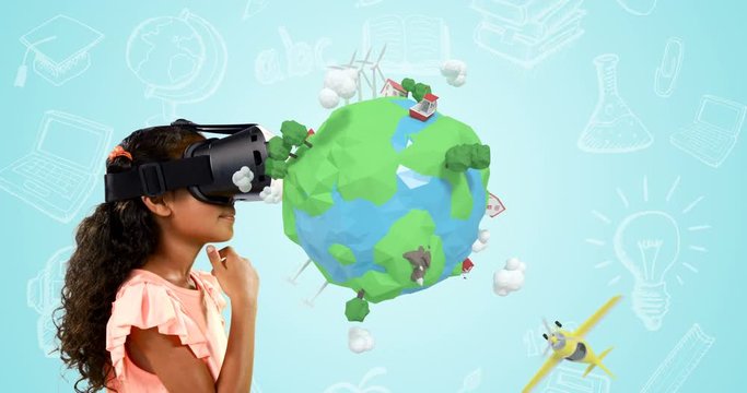 Girl using virtual reality headset with digitally generated travel icons 