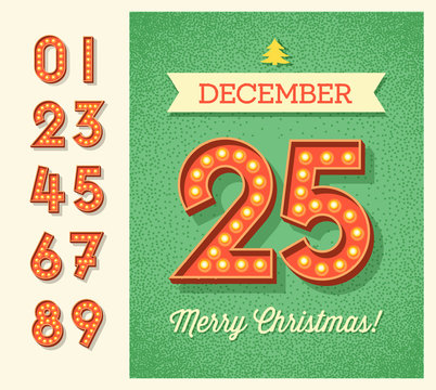 Retro Christmas greeting card or web banner design with full set of light bulb display numbers. easy to edit.