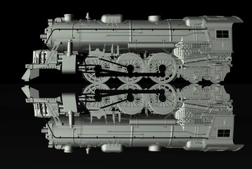 Silver locomotive, mirroring, 3D graphics