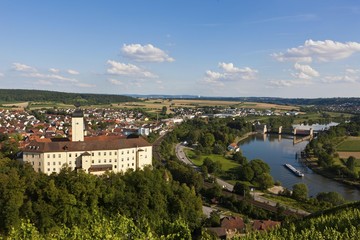 View towards Schloss Horneck Castle, Castle of the Teutonic Order, and Gundelsheim, Odenwald, Baden-Wuerttemberg, Germany, Europe, PublicGround, Europe