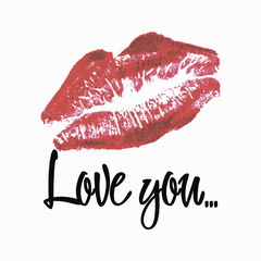Lipstick kiss with lettering - love you. Realistic lips print. Typography for design clothes, t-shirt, logo. Vector illustration.