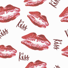 Lipstick kiss seamless pattern. Realistic lips background for textile product. Design clothes, t-shirts, wallpaper, packing paper. Vector Illustration.