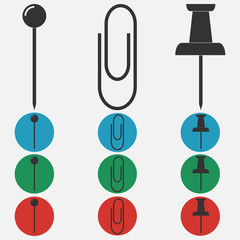 Set of pins and clips. Vector illustration.