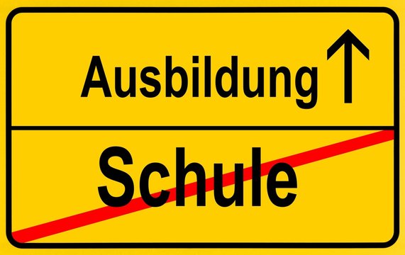 Sign, city limit, symbolic image for the transition from Schule or school to Lehre or vocational training