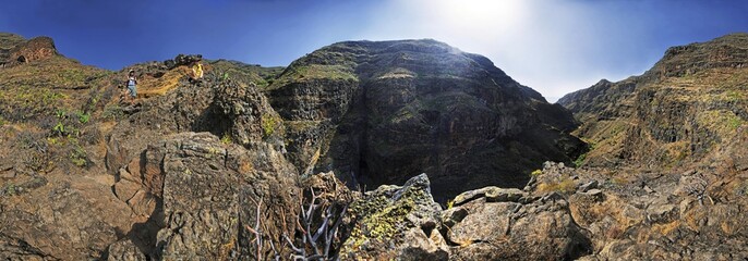 Obraz premium 360 panorama with hiker, canyon of the Barranco de Guarimiar, La Gomera, Canary Islands, Spain, Europe
