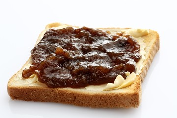 Slice of toast, toasted slice of bread with rhubarb jam