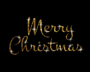 Golden glitter isolated hand writing word Merry Christmas