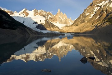 Fototapeta na wymiar Reflection of Mt Cerro Torre in a glacial lake in the morning, Parque Nacional Los Glaciares, Los Glaciares National Park, Patagonia, Argentina, South America