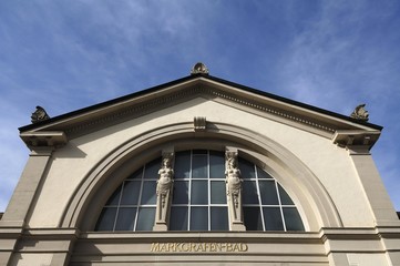 Gable of the Markgrafen-Bad bath, built between 1906 and 1908 by Frederick II, Grand Duke of Baden, Ernst-Eisenlohr-Strasse, Badenweiler, Baden-Wuerttemberg, Germany, Europe