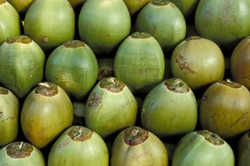 Coconuts piled up, Kerala, South India, India, Asia