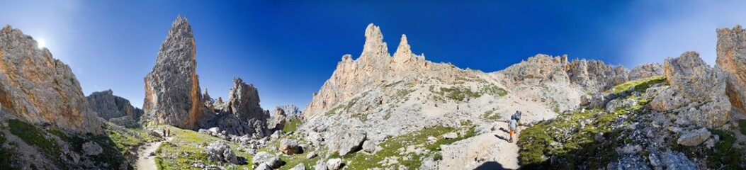 Fototapeta na wymiar 360 panorama view at the col Cir, in Puez Geisler National Park, Selva, Selva, Val Gardena, Gardena Valley, Groednertal, South Tyrol, Italy, Europe