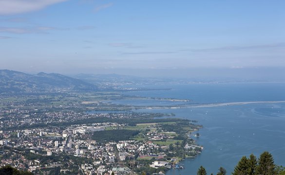 View from the Pfaender cable car over Bregenz, Pfaender Mountain, Lake Constance, Vorarlberg, Austria, Europe