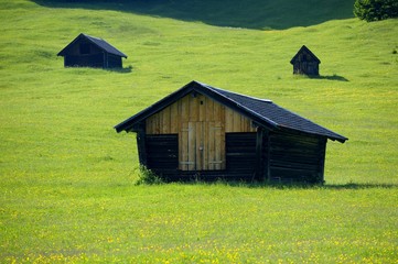Small sheds on a spring meadow, Gerold, Mittenwald, Upper Bavaria, Bavaria, Germany, Europe