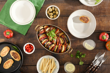 Ratatouille, chickpeas cutlets, lemonade and various snacks. Different vegetarian food