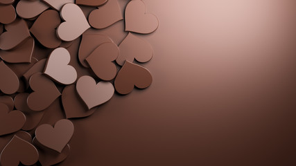Milk chocolate hearts background. Concept for Valentine’s Day, Women’s Day, and others. 3D Rendering.