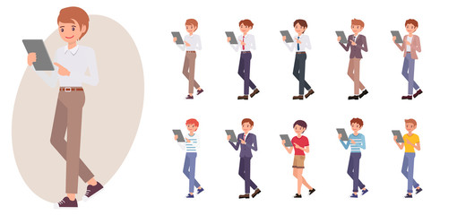 Cartoon character design male man stand watching pointing tablet collection