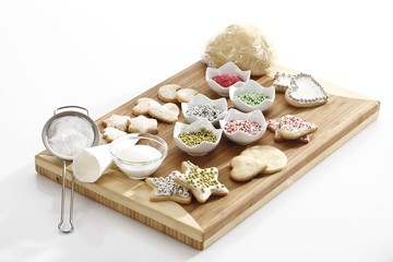 Christmas bakery, baking scene with shortcrust cookies and baking decoration material